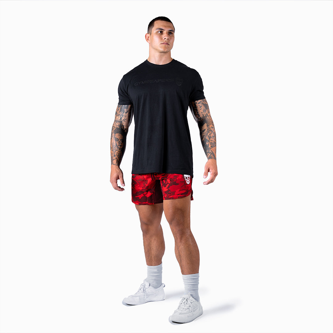 camo shorts red ash