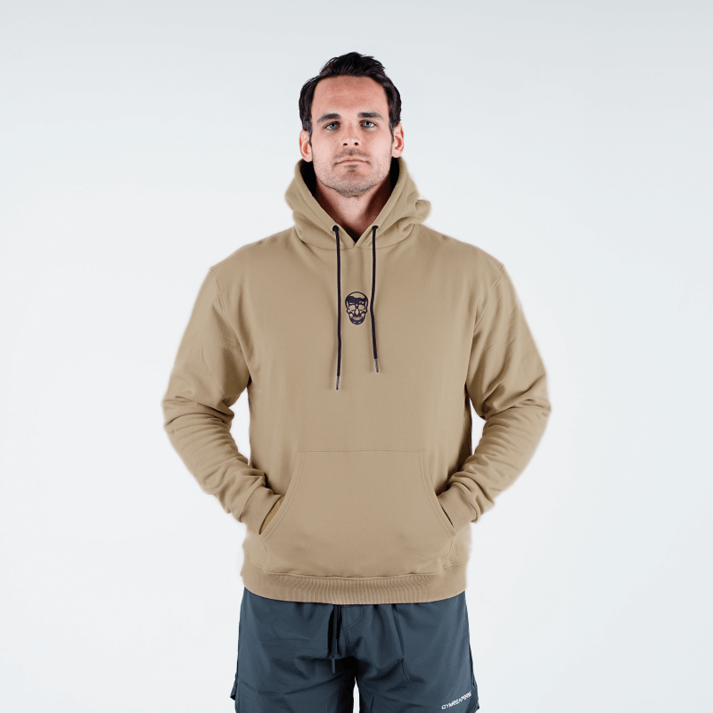 skull hoodie in tan front 