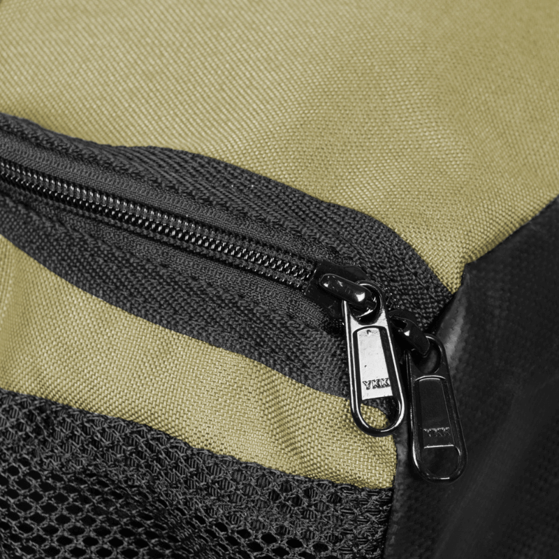 zipper on gym bag in military green