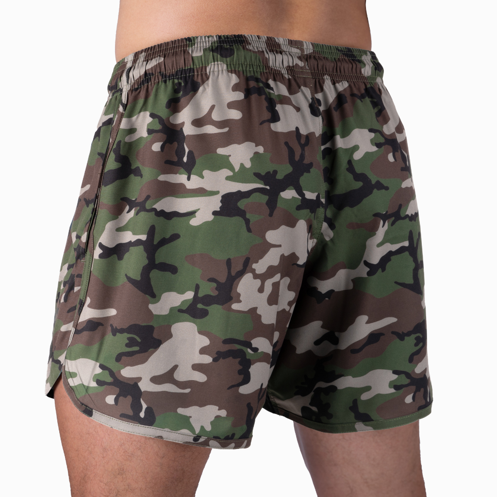 training shorts woodland camo front