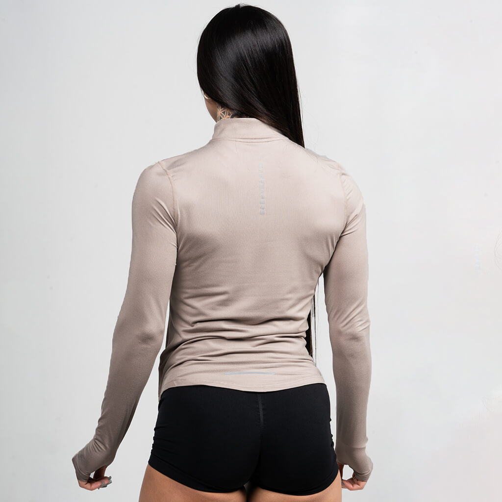 womens performance 1/4 zip taupe front
