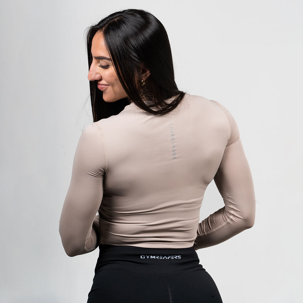 womens performance long sleeve taupe front