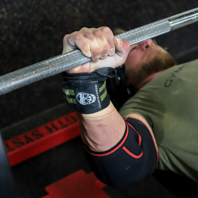 Gymreapers wrist wraps in use on bench press
